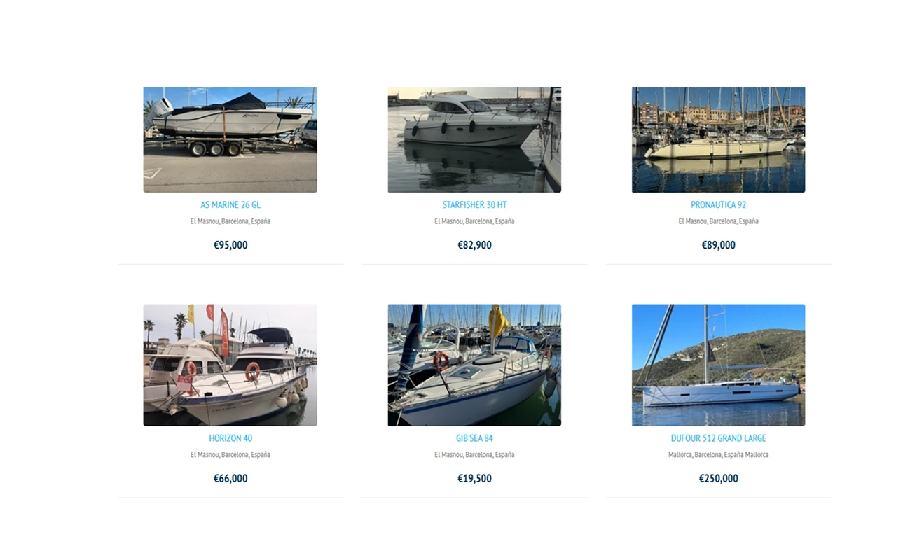 Catálogo antiguo: seis barcos con nombre, ubicación y precio