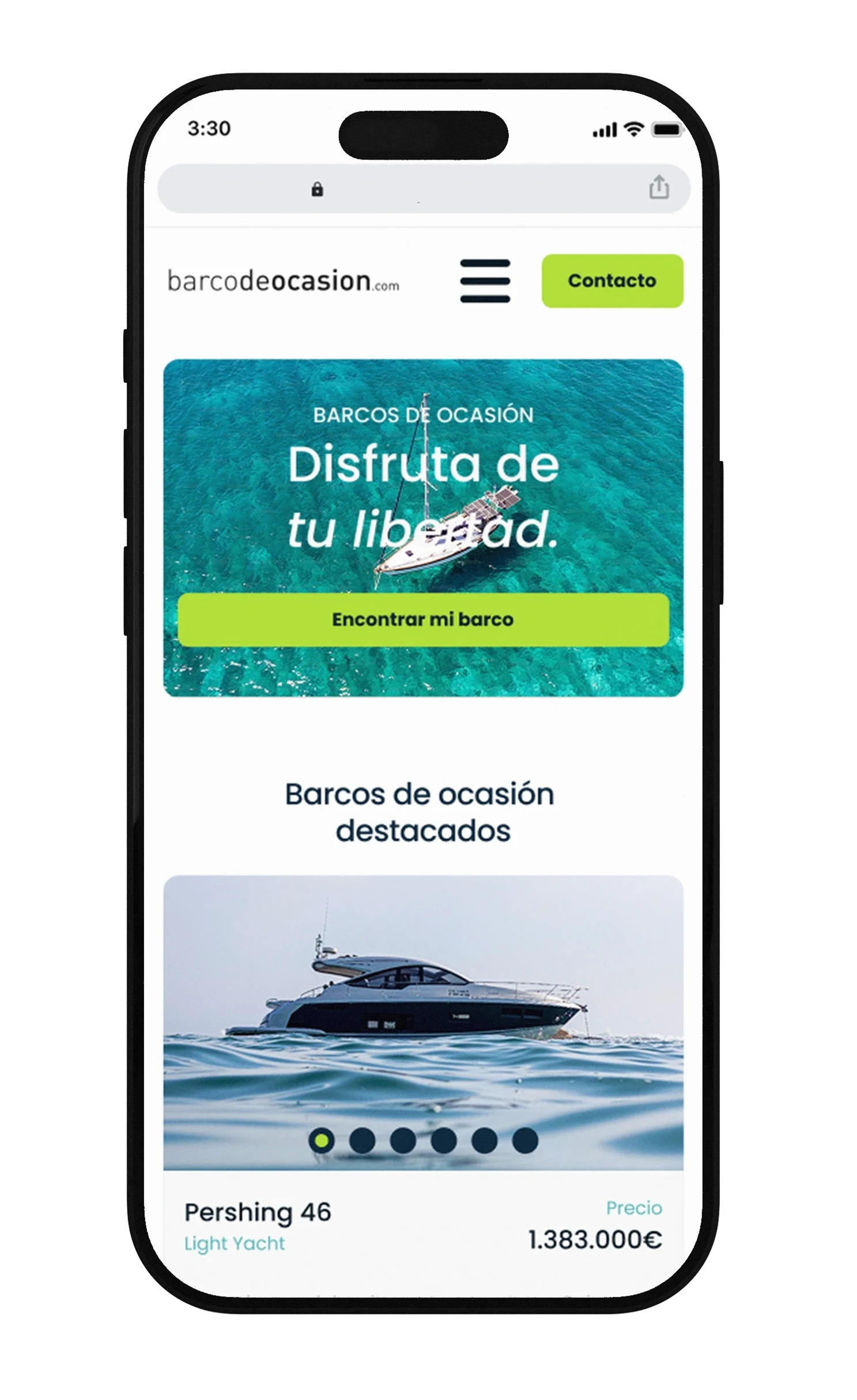 Home nueva en móvil con el botón «Encontrar mi barco»
