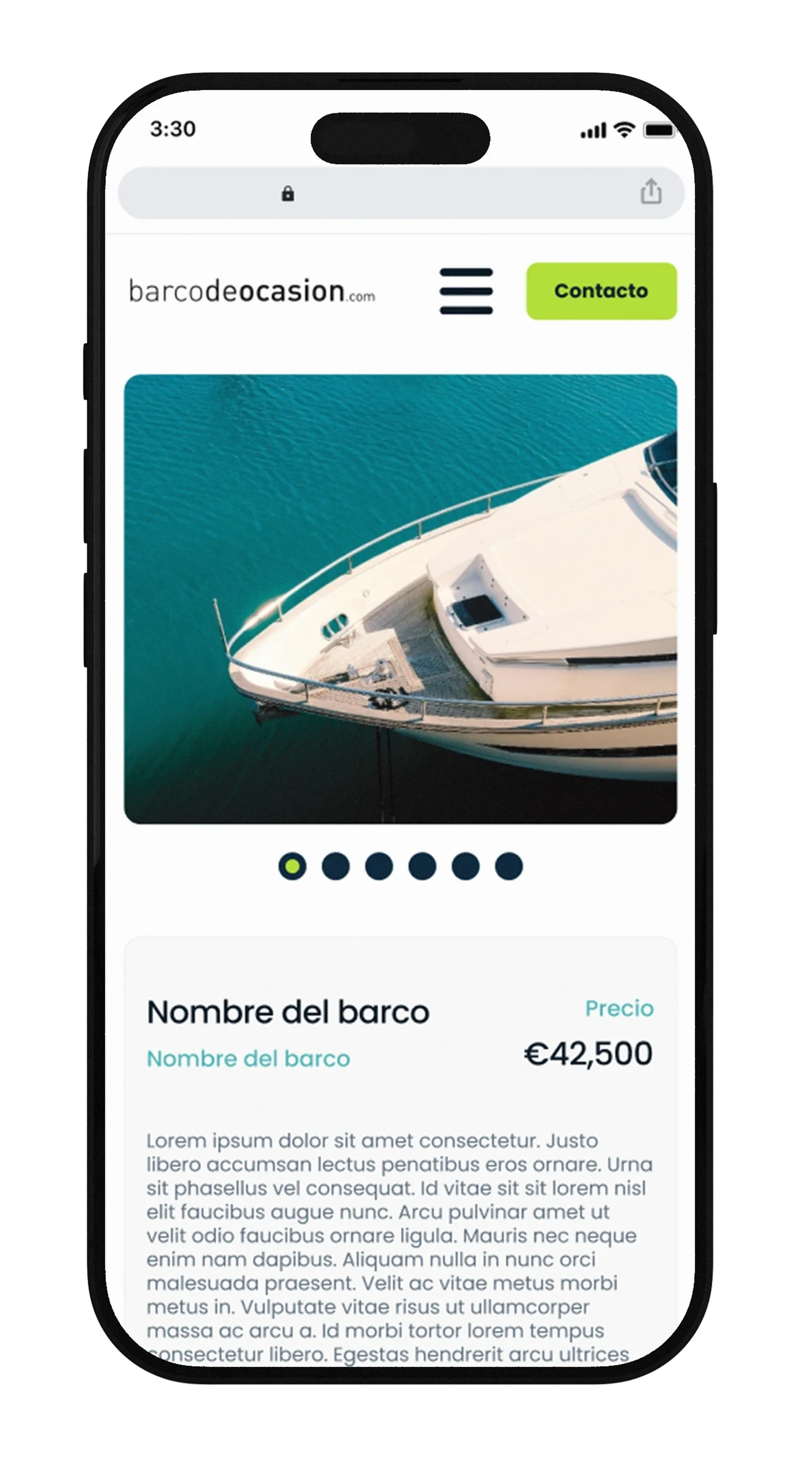 Ficha nueva de un barco en móvil con galería, precio y descripción