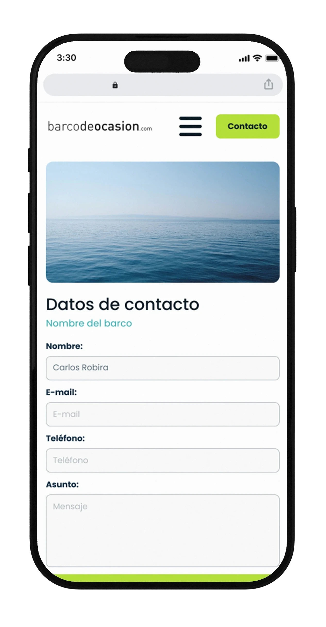Formulario de contacto en móvil con el nombre del barco arriba