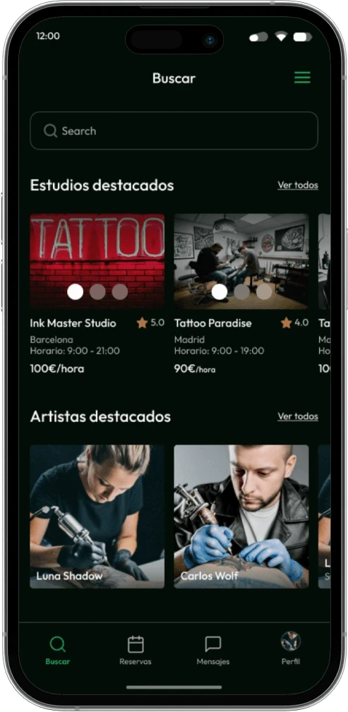 Pantalla «Buscar» en móvil con el buscador arriba y estudios y artistas destacados