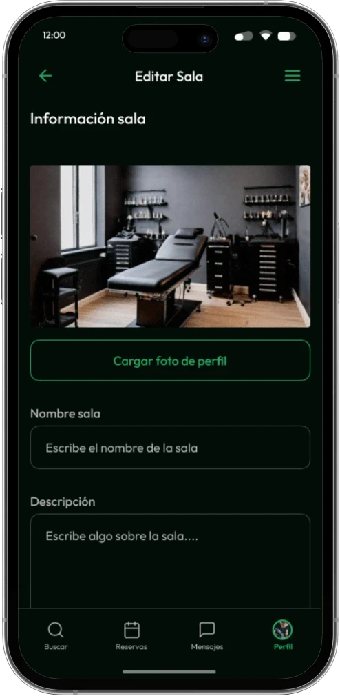 Pantalla «Editar sala» en móvil con la foto de la sala, su nombre y su descripción