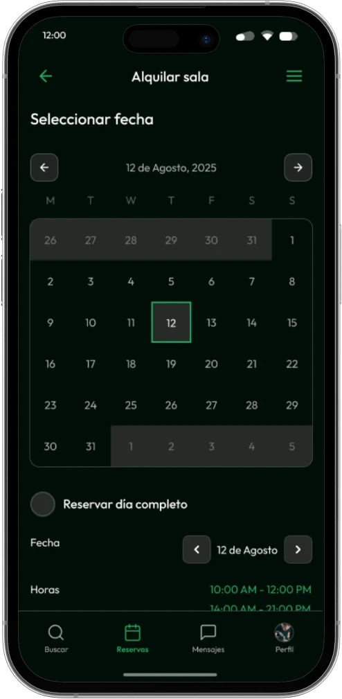 Pantalla «Alquilar sala» en móvil con un calendario y un día seleccionado