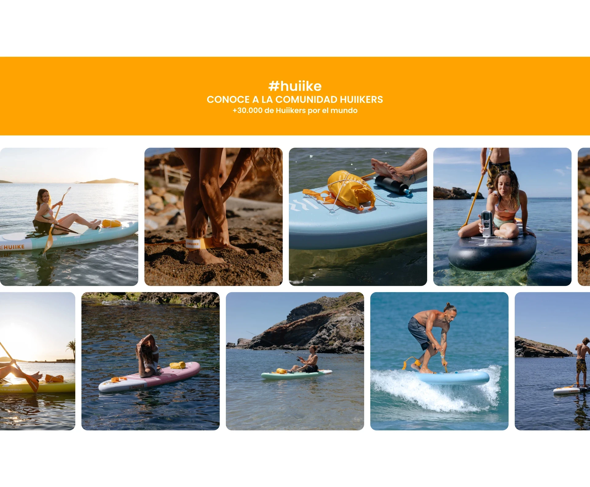 Bloque «#huiike, conoce a la comunidad Huiikers» con fotos de clientes usando sus tablas