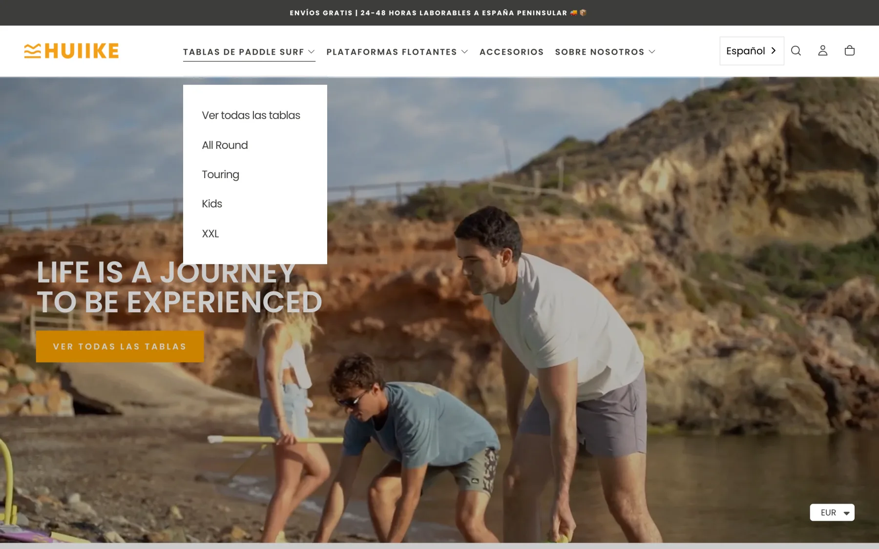 Menú de escritorio con «Tablas de paddle surf» primero y su desplegable: All Round, Touring, Kids, XXL