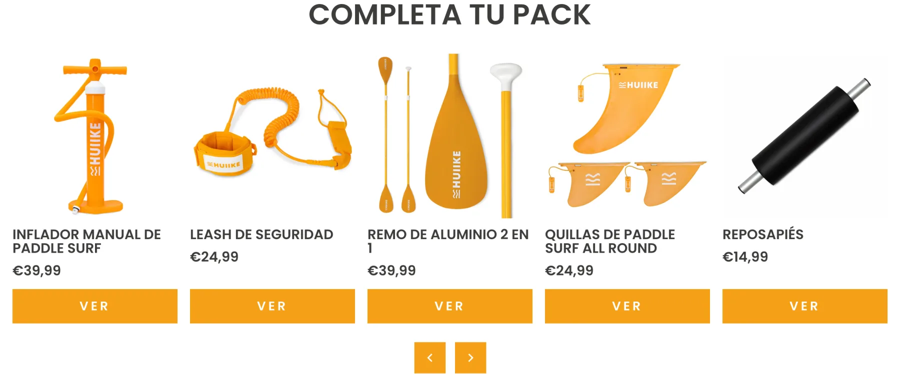 Sección «Completa tu pack» con inflador, leash, remo, quillas y reposapiés, cada uno con su precio
