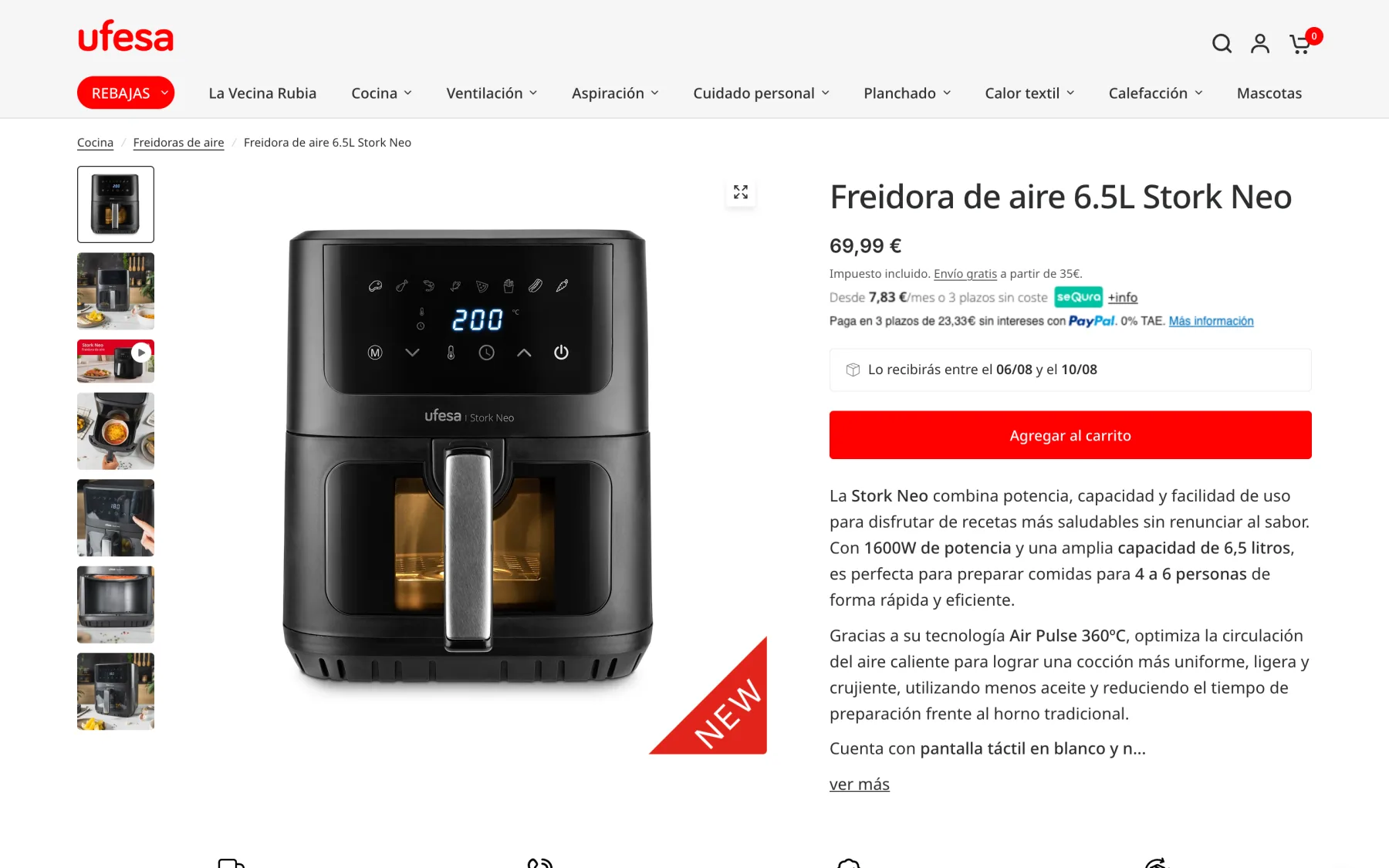 Ficha de una freidora de aire con precio, pago a plazos, fecha de entrega y el botón de agregar al carrito
