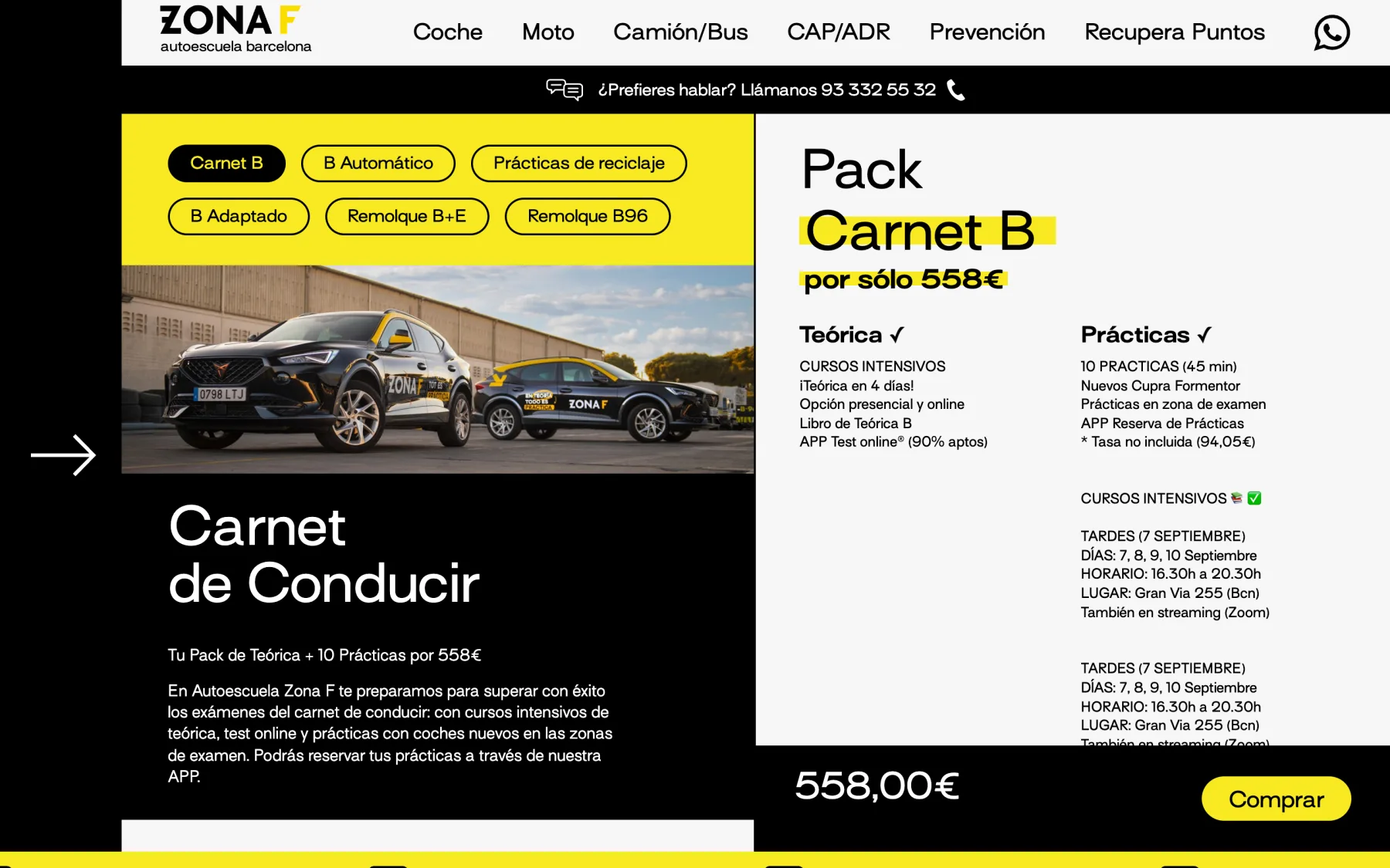 Página del Carnet B con «Pack Carnet B por sólo 558 €» y lo que incluye en dos columnas