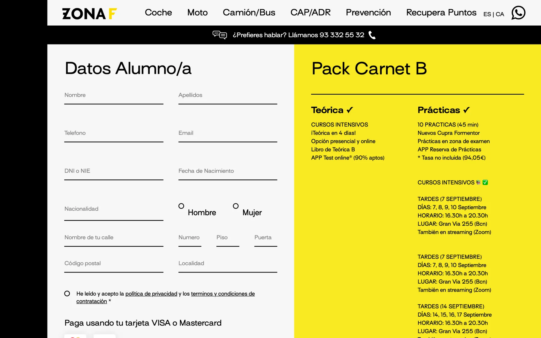 Formulario de matrícula con los datos del alumno a la izquierda y el pack del Carnet B a la derecha