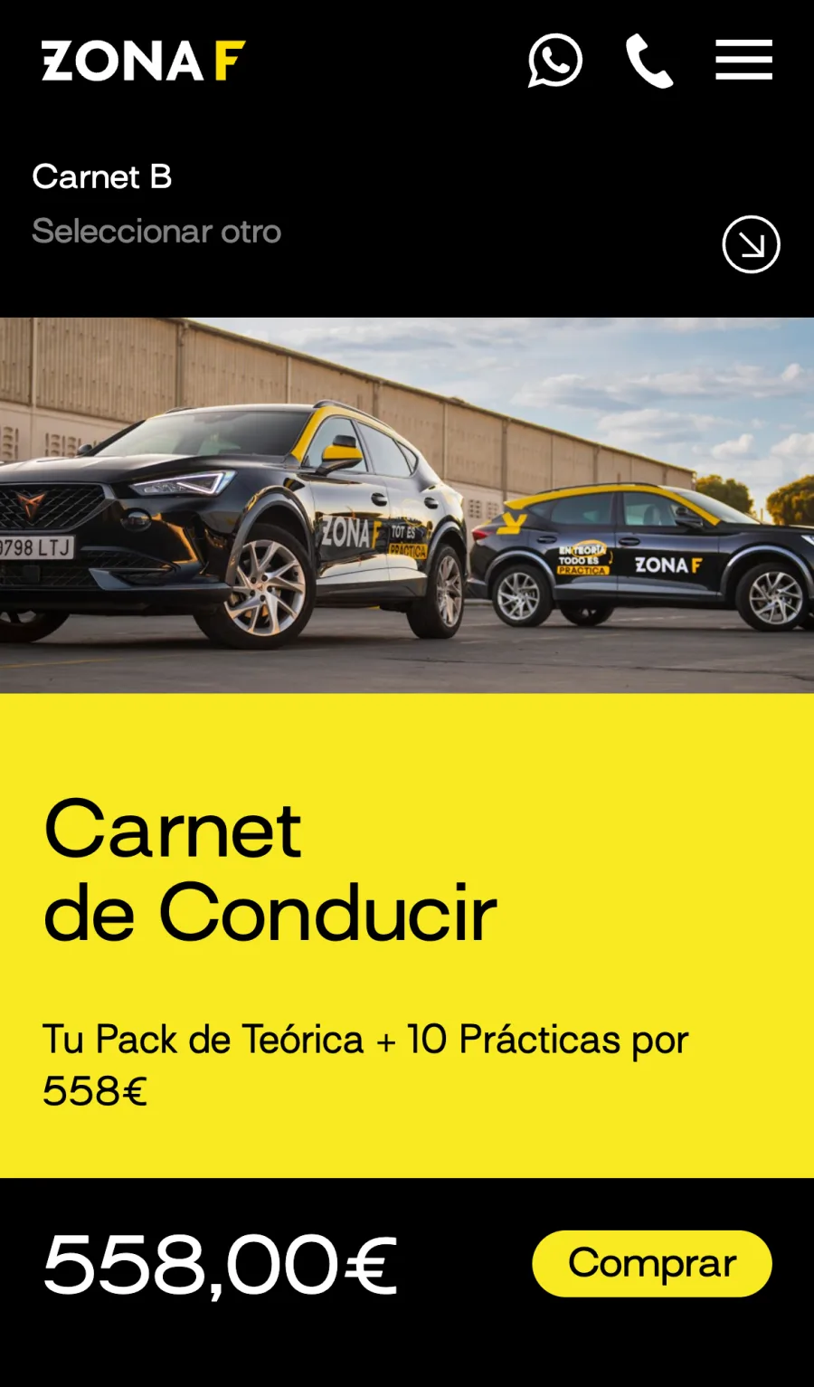 Página del Carnet B en móvil con WhatsApp y teléfono en la cabecera