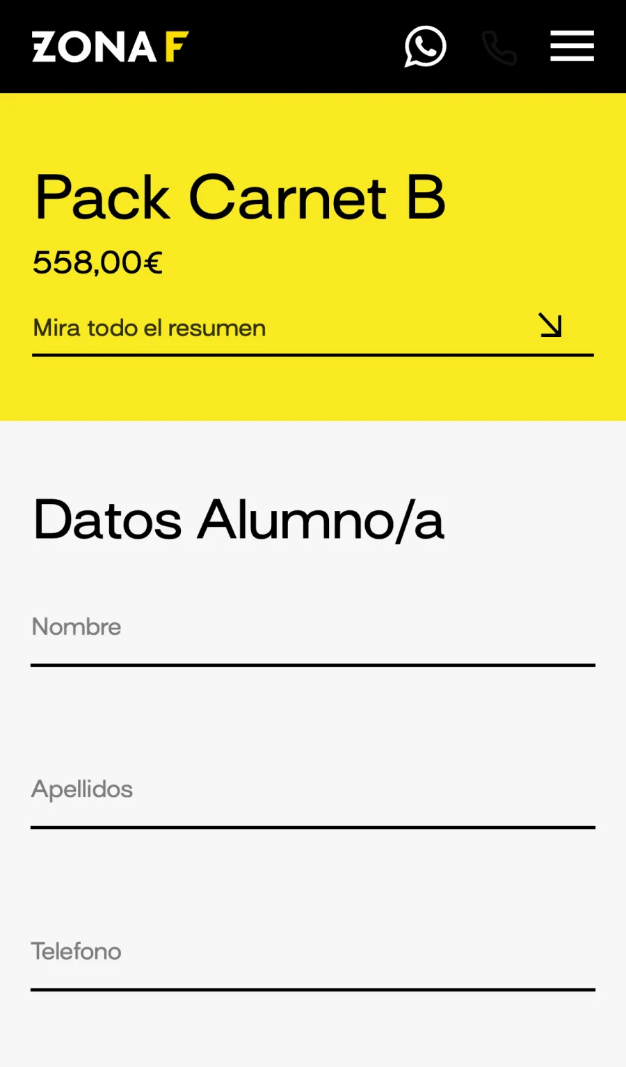 Matrícula en móvil con el pack plegado arriba: nombre, 558 € y «Mira todo el resumen»