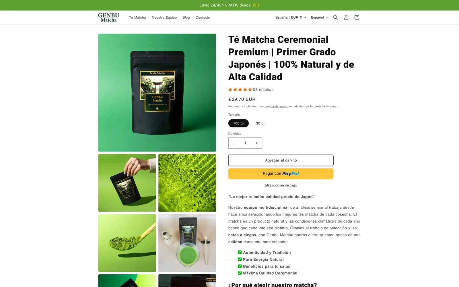 Ficha antigua del té matcha con «Agregar al carrito» y «Pagar con PayPal»
