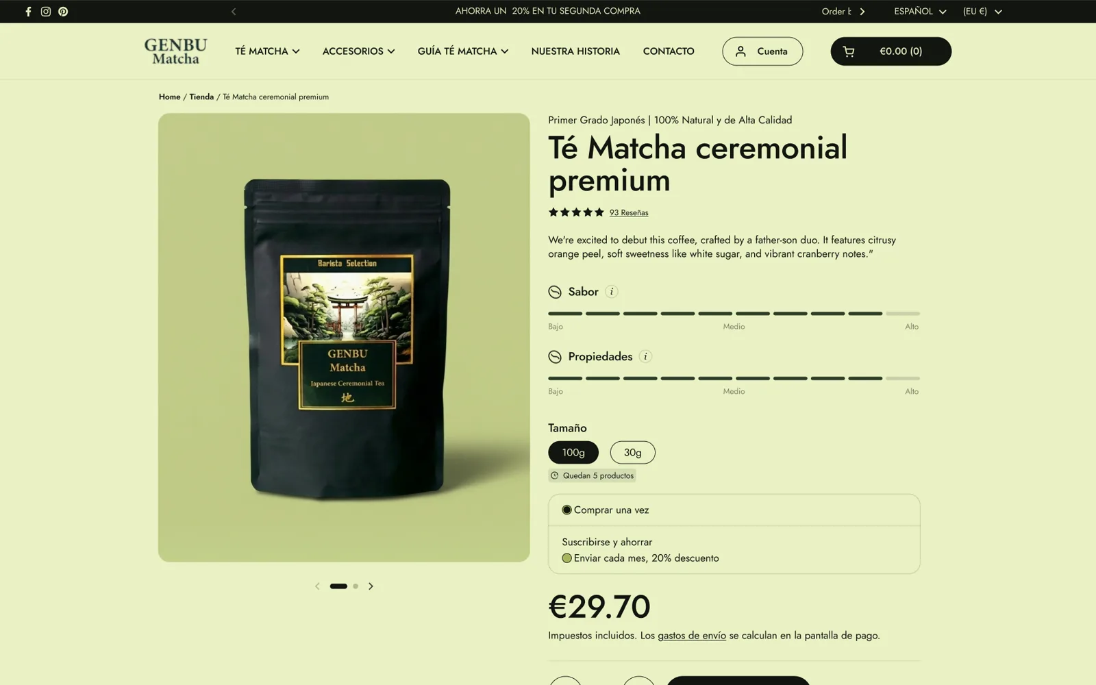 Ficha nueva con la opción «Suscribirse y ahorrar» junto a «Comprar una vez»