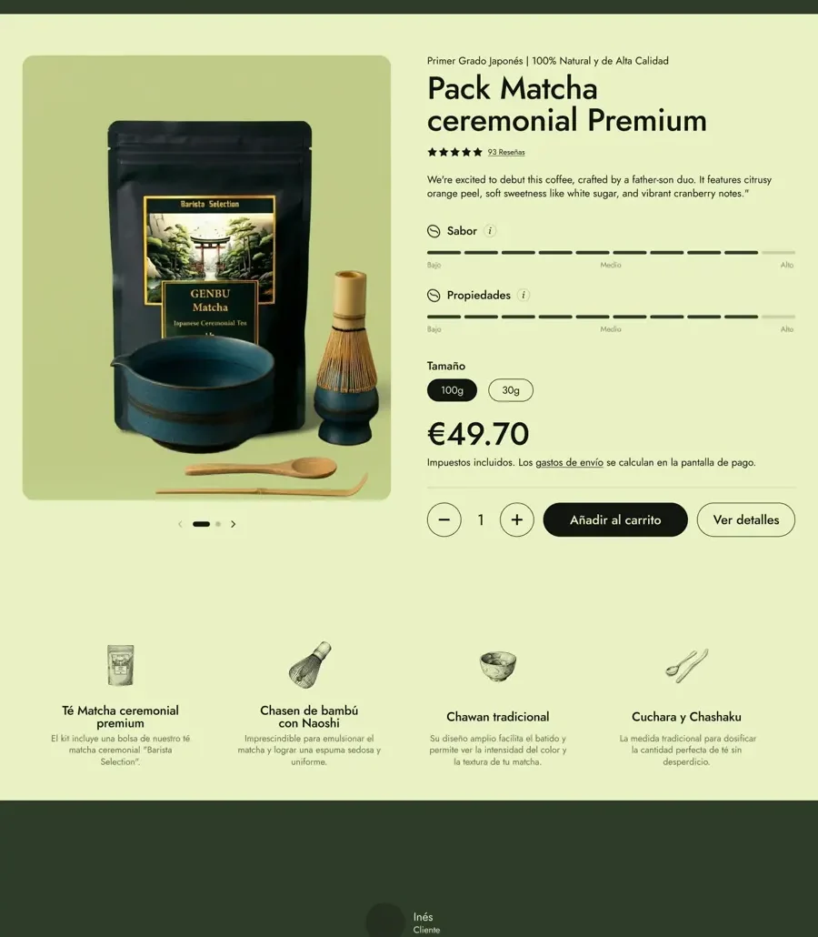 El Pack Matcha ceremonial Premium en la home nueva, con sus cuatro piezas explicadas